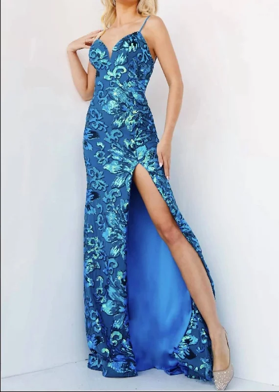 Women's Sporty Chic Clothes Spaghetti Strap Sequin Embellished Gown In Blue