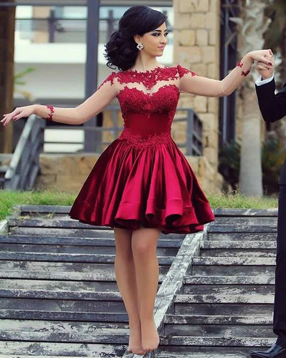 Online Boutiques Affordable Short Ball Gown High Neckline with Long Sleeves Lace Dark Wine Red Backless Lace Prom Dress         S3213