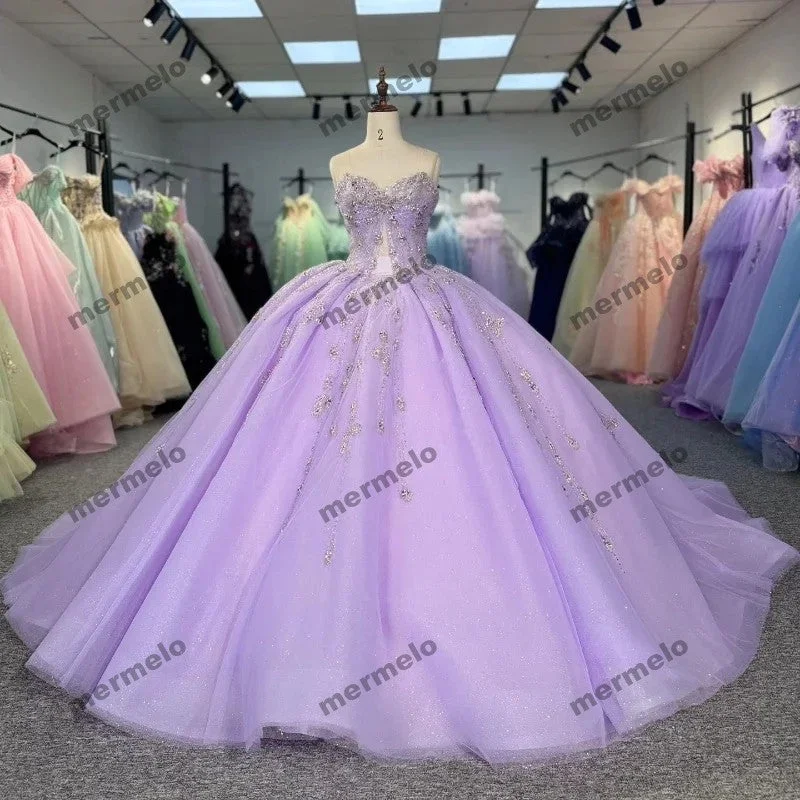 Clothing Brands Lilac Sweet 16 Ball Gown Quinnceanera Dresses Sparkly Tulle Beading