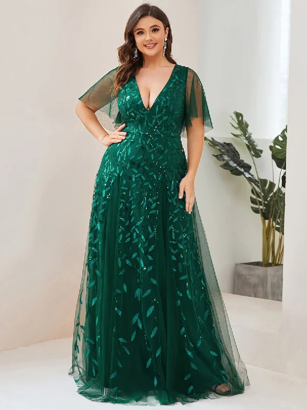 Affordable Trendy Clothes For Women Plus Size Deep V Neck Wholesale Sequin Evening Gown With Short Sleeves