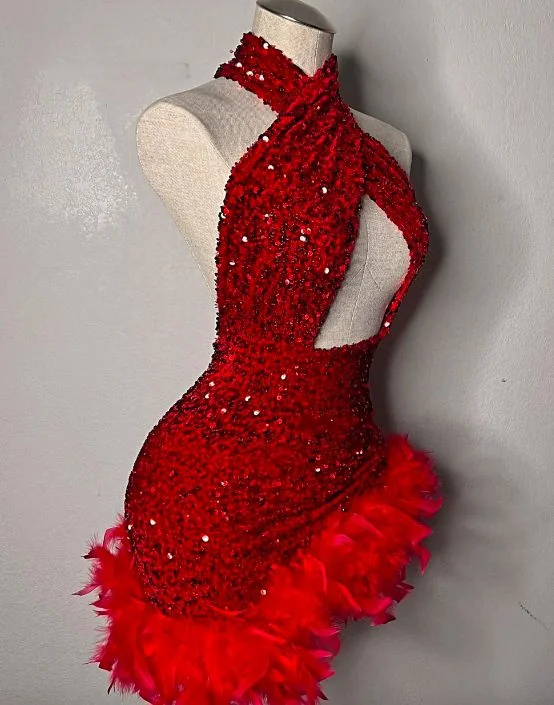 Modern Women's Fashion with Vintage Touches Red Feathers Sequin Prom Dresses Halter Homecoming Dress African Criss Cross Party Gown Mermaid Mini Cocktail Gowns      S2838