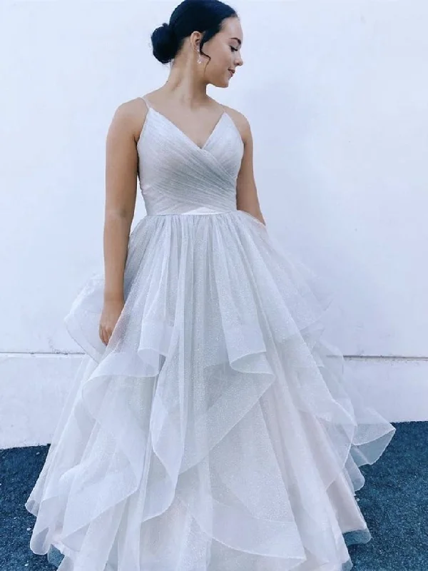 Big Sale Event V Neck Fluffy Light Gray Long Prom Dresses, V Neck Light Gray Formal Evening Dresses, Light Gray Ball Gown     S3254