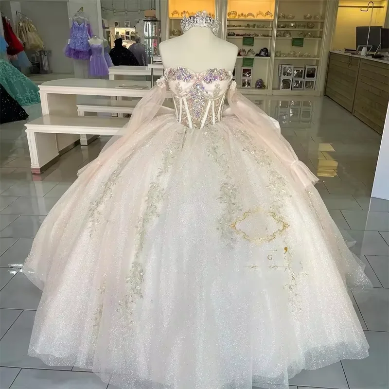 Summer Sale Glittering Crystal Quinceanera Dresses Long Off Shoulder Sleeves Princess Dress Party Gowns Vestidos De 15 Anos