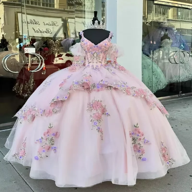 Affordable Women's Outfit Pink Quinceanera Dresses for 16 Year 2024 Ball Gown Sexy V Neck Off the Shoulder Puff Sleeve Party Dress for Girl Vestidos De 15