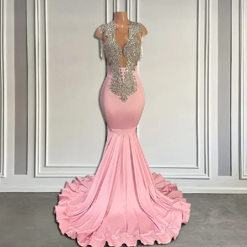 Clearance Sale Online Luxury Diamond Long Pink Prom Dresses 2024 with Tassel Black Girl Sheer O Neck Beaded Mermaid Prom Gala Gowns