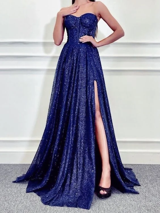 Women's Clothing Brands A Line Blue Sweetheart Long Prom Dresses,Strapless Evening Gown     S3073