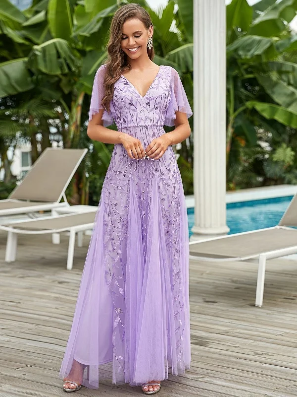 Luxury Women's Clothing Custom Size Romantic Shimmery V Neck Ruffle Sleeves Maxi Long Evening Gowns