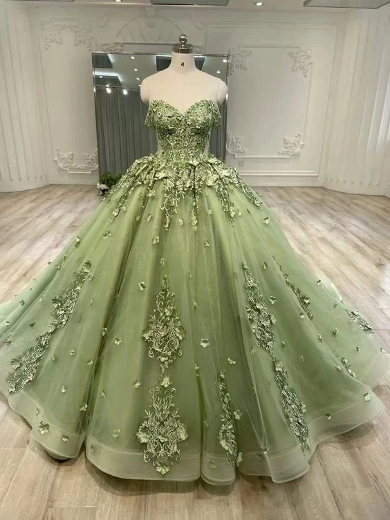 Online Boutiques Clothing Green sweetheart neck tulle lace prom dress, ball gown dress        S3021