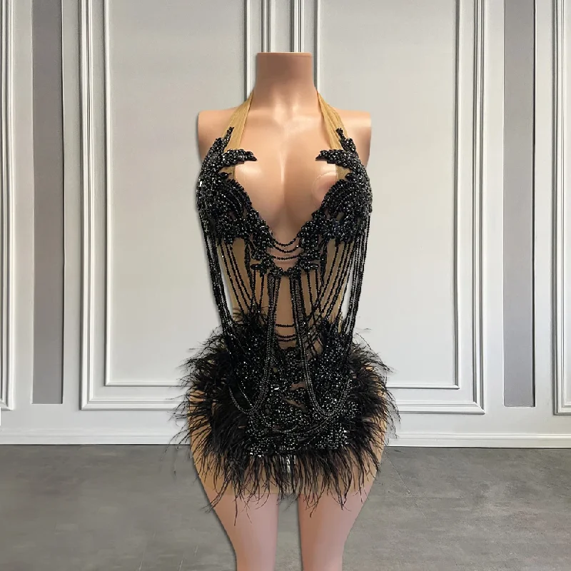 Trendy Boutiques Online Luxury Beaded Tassels Short Formal Prom Party Dress 2024 Sexy Halter Black/Green Feathers African Women Birthday Cocktail Gowns