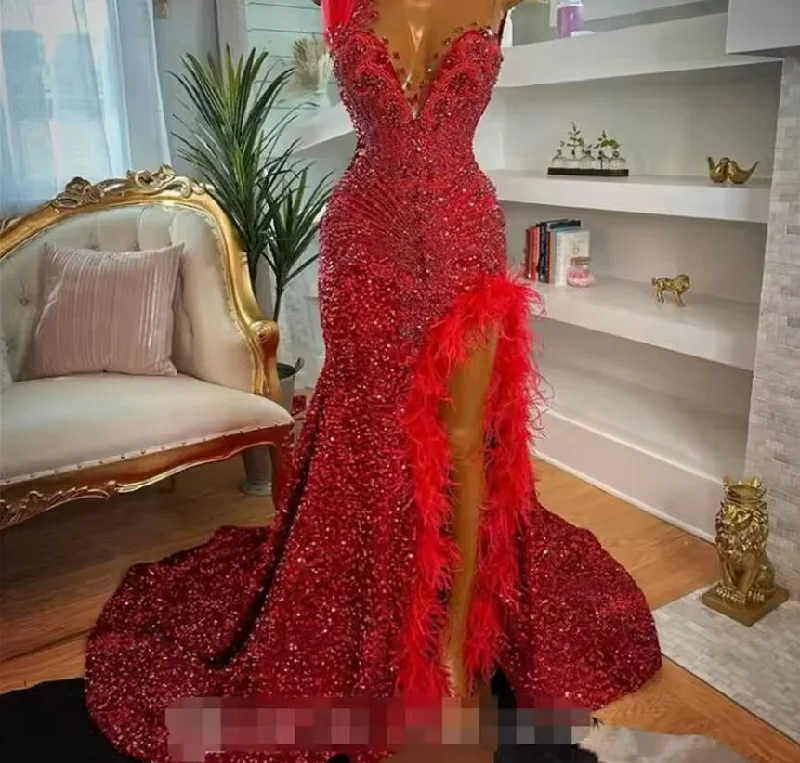 Online Boutiques Red Sequin Evening Dress With Beaded Crystal Spark Feather Prom Gown For Black Girl Sexy Slit Formal Pageant Birthday Customized