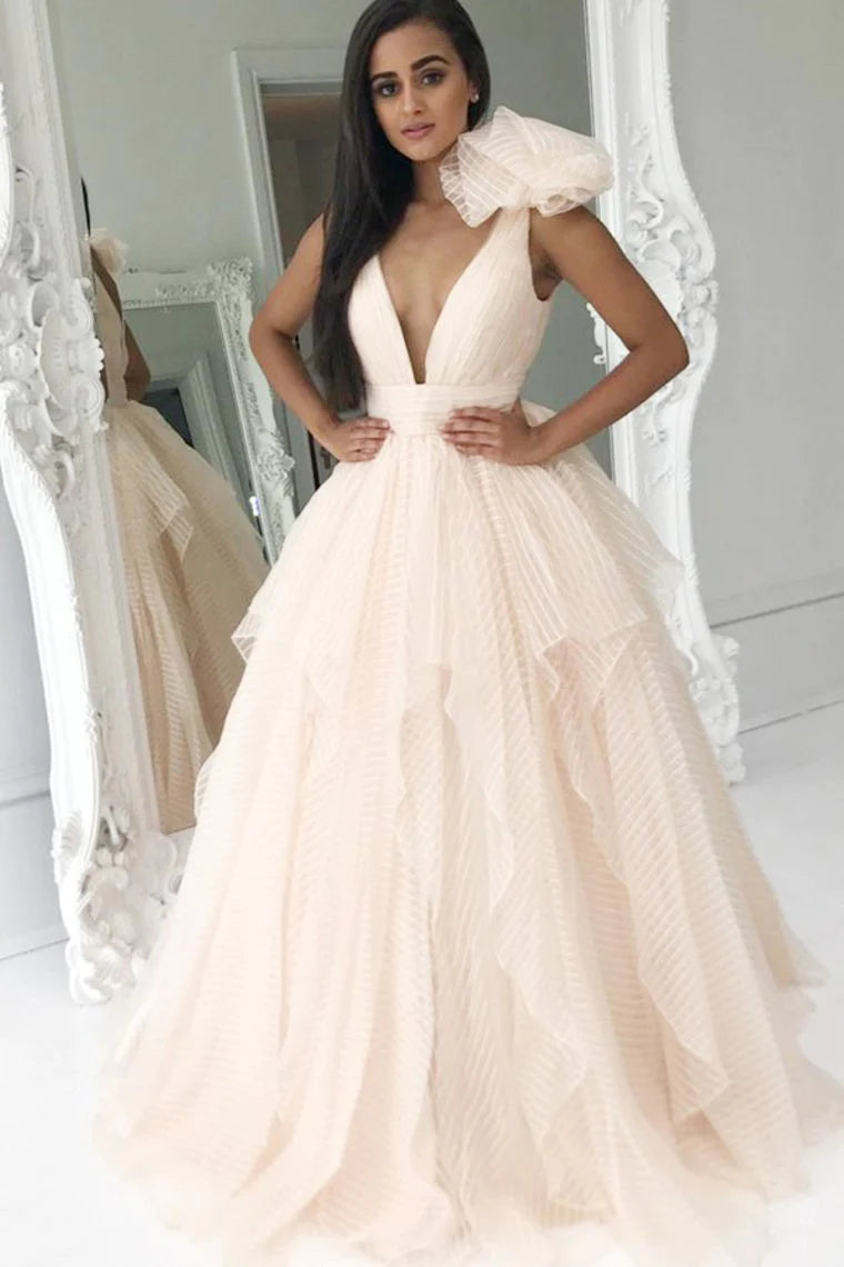 Women Wear Brands Elegant Deep V-Neck Pink Ball Gown Princess Prom Dresses Quinceamera Dresses