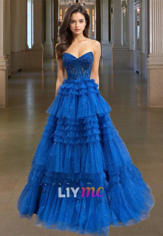 VIP Member Discount V--Neck Strapless Lace Appliques Tiered Tulle Ball Gown Prom Dress