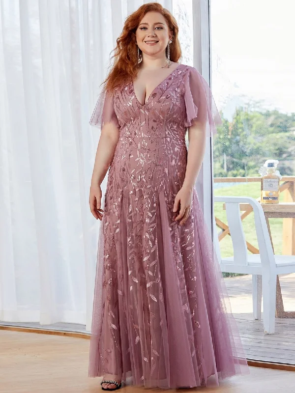 Formal Clothing For Women Plus Size Deep V Neck Wholesale Sequin Evening Gown With Short Sleeves