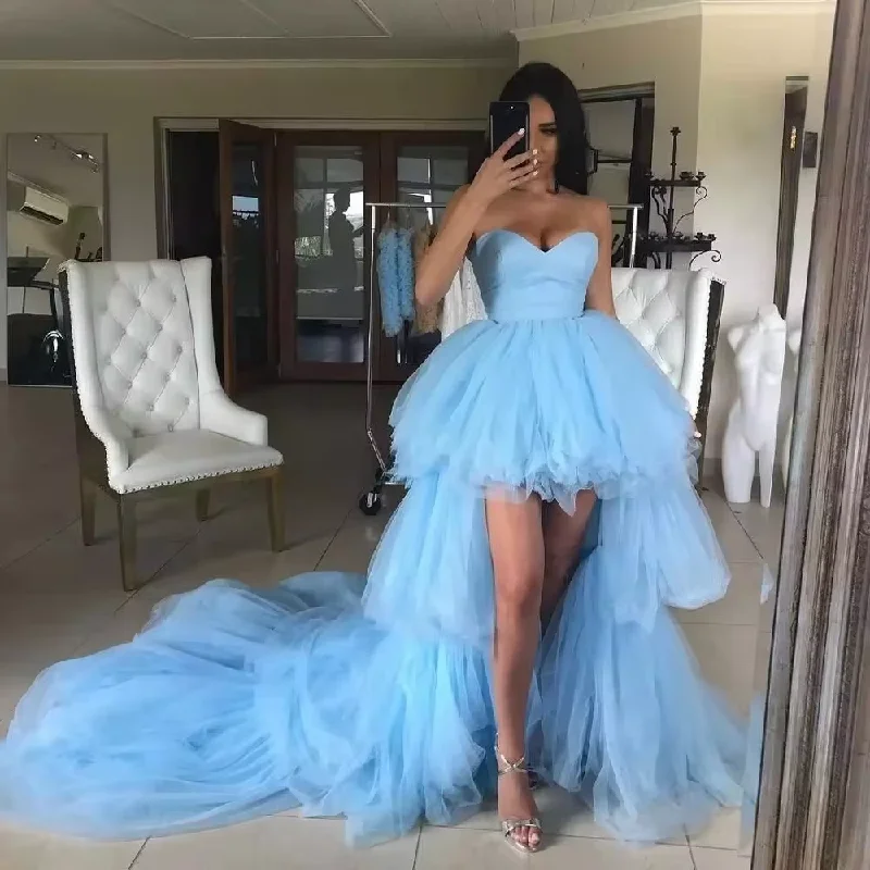 Affordable Online Boutique High Low Prom Dresses Sweetheart Ruffles Light Blue Tulle Short Front Long Back Party Dresses Graduation Evening Gowns