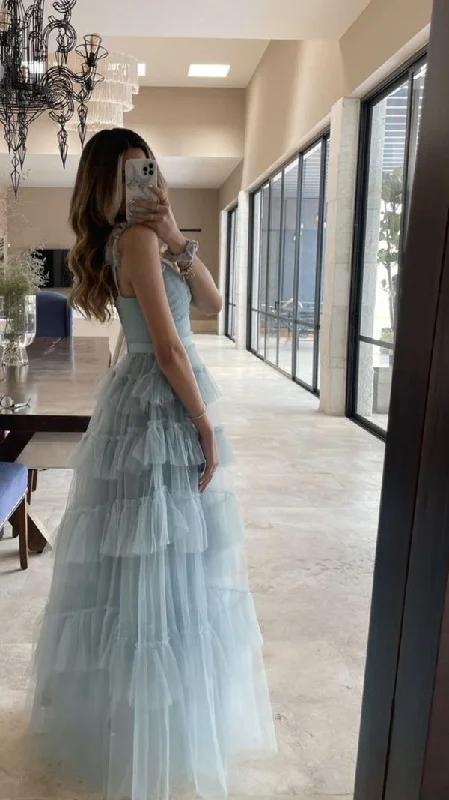 Women's Clothing Sale Online Sweet Light Blue Tulle Prom Dresses,Ruffles Pleated Baby Blue Evening Formal Gown        S2975