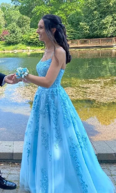 Women's Online Clothing Boutique Blue Lace Prom Dress Long, Formal Ball Dress, Evening Dress, Dance Dresses, School Party Gown      S3237