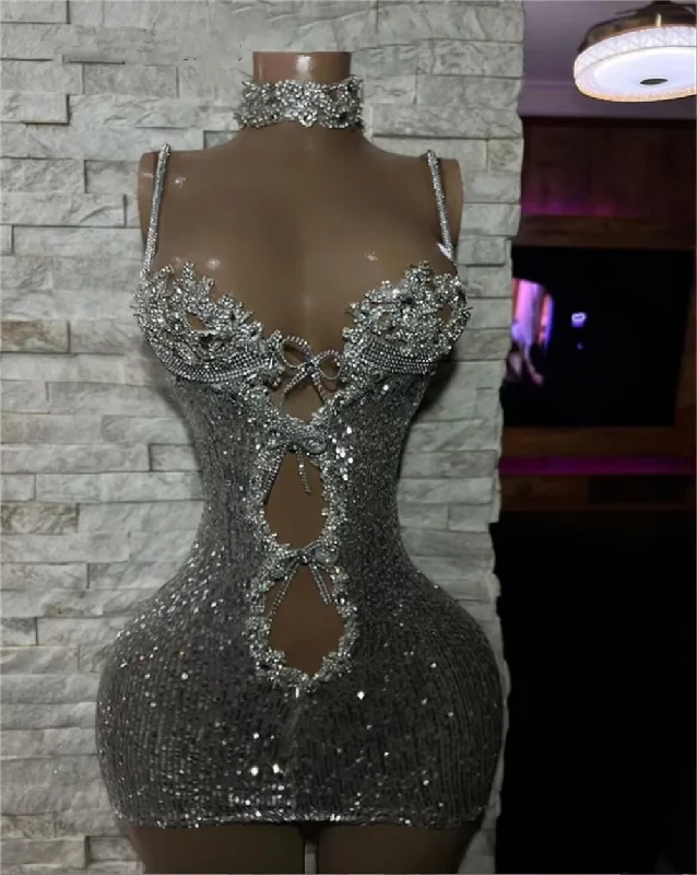 Chic Women's Clothing for Work and Travel Luxury Silver Crystals Spaghetti Short Prom Dress African Glitter Sequin Mermaid Mini Cocktail Party Gown See Thru robe de bal