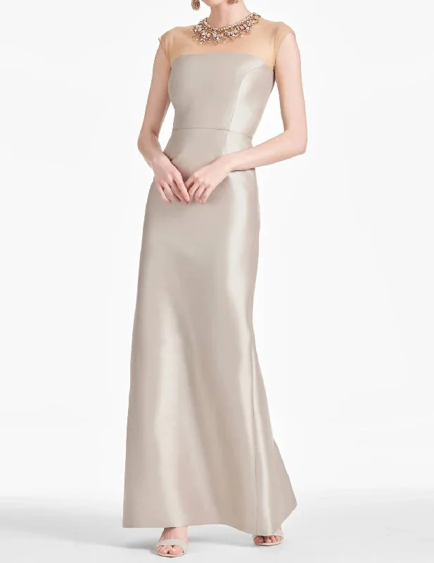 Women's Evening Clothing Irina Embellished Illusion Neckline Stretch Mikado Gown In Frosty Pewter