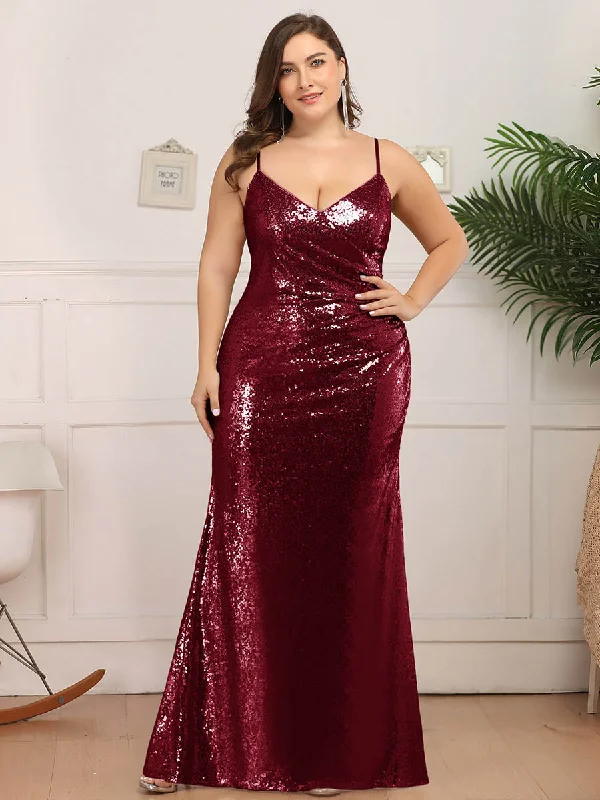 Stylish Women's Clothing Sexy Spaghetti Straps Fishtail Sequin Wholesale Plus Size Evening Gowns