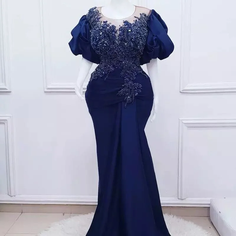 Women's Active Outfit For Fitness Navy Blue Prom Dresses Long Luxury Puffy Sleeves Sheer Neck Beads Appliques Mermaid Formal Party Gowns Evening Dress Plus Size    S2440