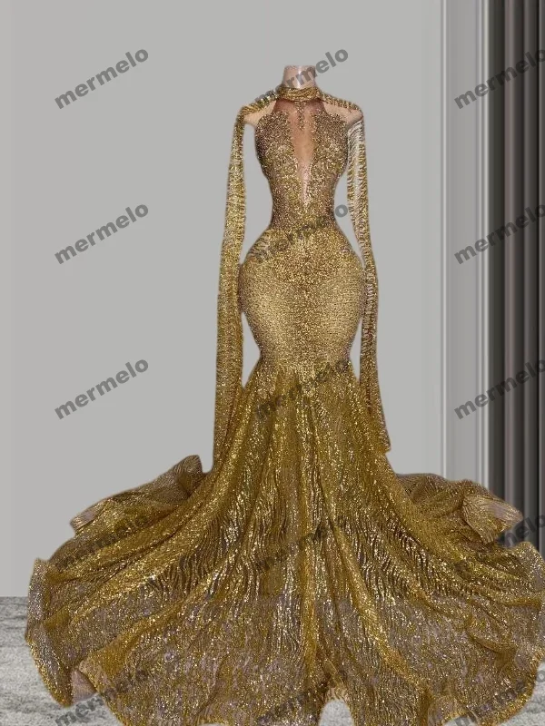 Exclusive Online Sale Gold Mermaid Prom Awards Show Dress with Cape Cloak Crystal Beaded Sequins Glitter Mesh Red Carpet Gown For Women