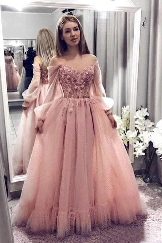 Sale Clearance Princess Ball Gown Blush Pink Lace Off the Shoulder Prom Dresses With Long Sleeves