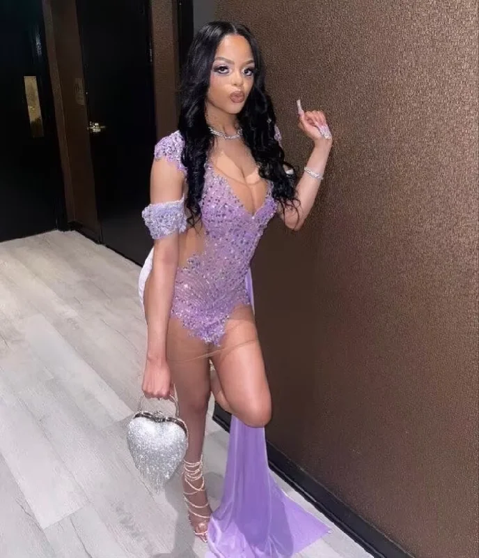 Women's Elegant Formal Outfit Purple Velvet Short Prom Dress for Black Girl Sparkly Diamond Crystal Beaded Sheer Mesh Birthday Homecoming Queen Gown