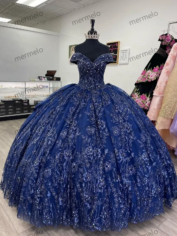 Bold and Elegant Women's Fashion Navy Blue Off Shoulder Quinceanera Dresses Sweetheart Applique Ball Gown