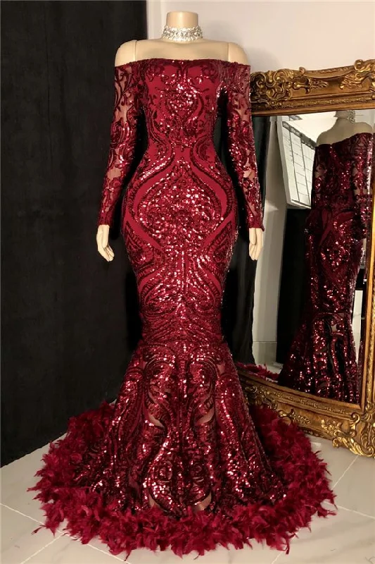 Women's Holiday Outfit Off The Shoulder Burgundy Prom Dresses with Feather | Long Sleeve Sparkle Lace Mermaid Evening Gowns      S2490