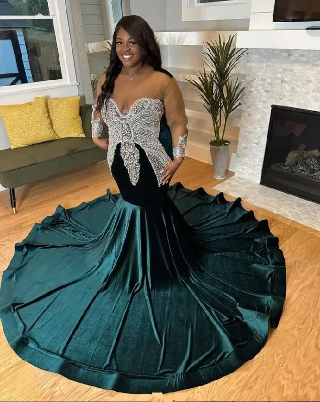 Clothes Woman Hunter Green Velvet African Prom Dress for Women Big Size Crystal Applique Black Girl Birthday Gown فستان حفلات الزفاف