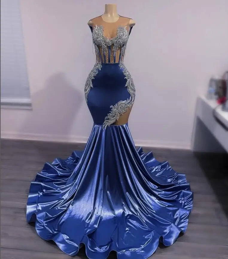 Sales Clothes Royal Blue Shiny Mermaid Prom Gala Dresses Sparkly Diamond Sheer Mesh Customsized Black Girl Evening Birthday Party Gown