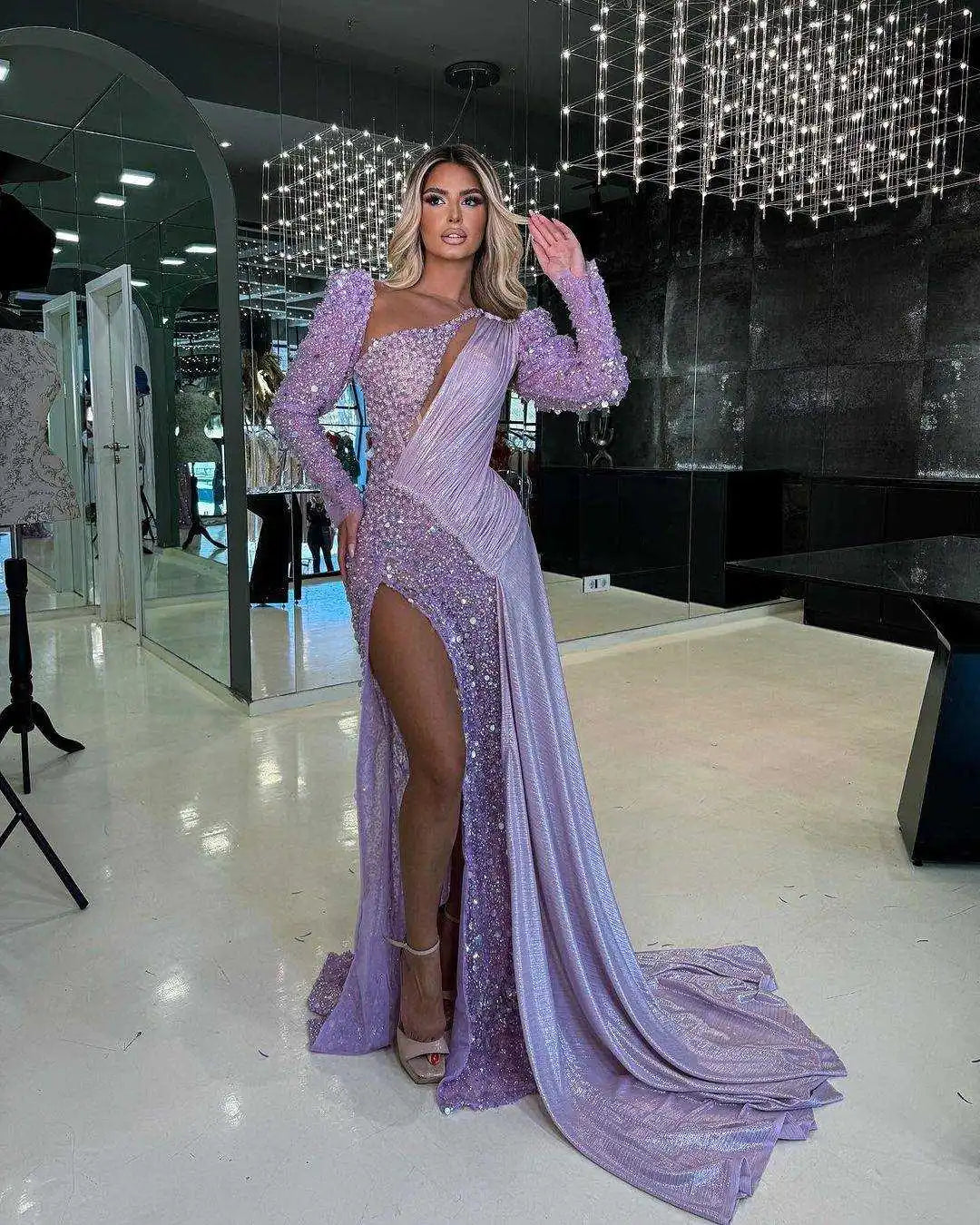 Trendy Boutique Online Luxurious Purple Prom Dresses Mermaid Lace Beading Sequined Evening Gowns African High Split Special Occasion Dress