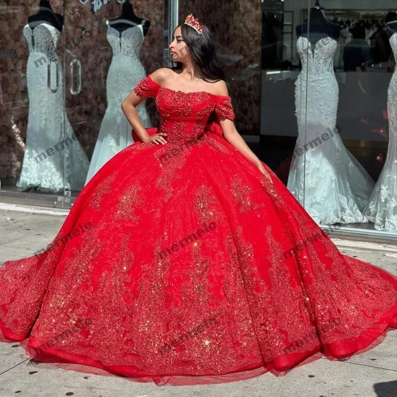 Women's Night-Out Outfit Red Quinceanera Dresses Ball Gown Shiny Sequined Appliques Sweet 16 Dress