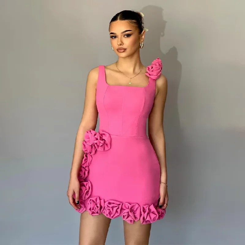 Clothing Woman Hot Pink Party Dress Mini 3D Flowers Tank Square Collar Short Cocktail Gowns for Women Sheath Sleeveless Homecoming Dresses