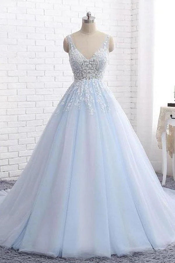 Women's Clothes Online Shopping Sexy Ball Gown Tulle Sky Blue V-neck Appliques Brush Train Long Sleeveless Prom Dresses