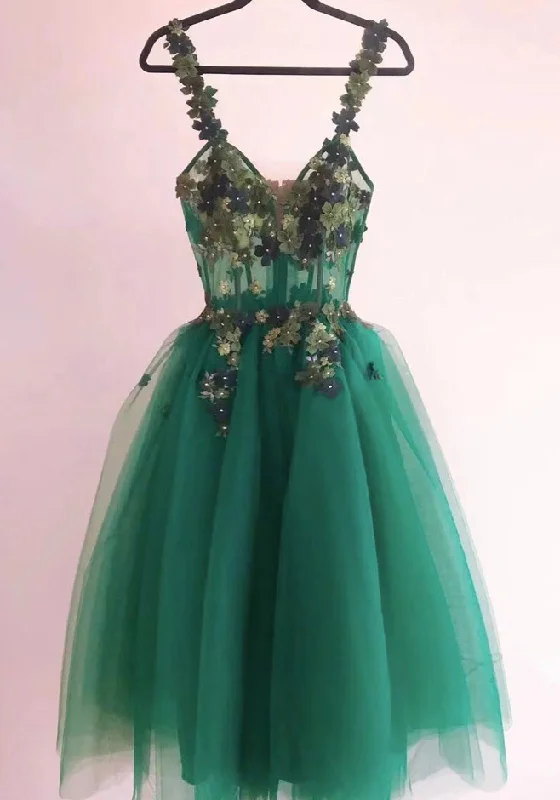 Boutique Dress Online Green Prom Dresses, Sweetheart Prom Dresses, Hand Made Flowers Prom Dresses, Tulle Prom Dresses, Green Evening Gowns, Mini Cocktail Dresses       S3203