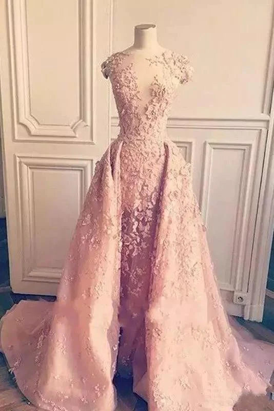 Outfits Ideas Ball Gown Mermaid Pink Lace Appliques Tulle Cap Sleeve Backless Prom Dresses