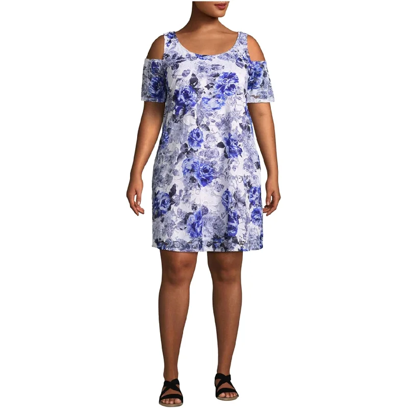 Women's Contemporary Clothing Robbie Bee Womens Cold Shoulder Floral Sheath Dress, Blue, 2X