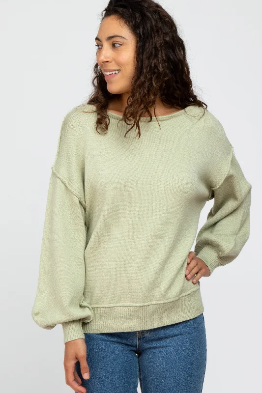 Women's Clothes Light Olive Boat Neck Bubble Sleeve Sweater