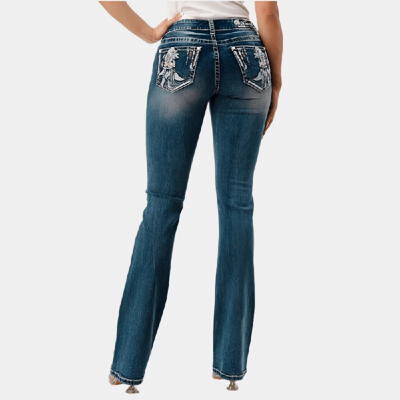 Women's Elegant Garments Grace In La Feather Stitching Easy Fit Bootcut Jeans