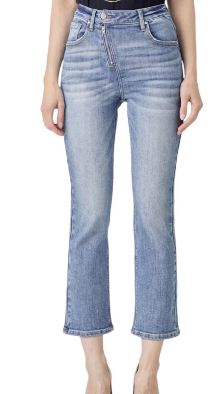 Affordable Women's Outfit Straight Leg Asymetrical Zipper Jeans In Light Denim