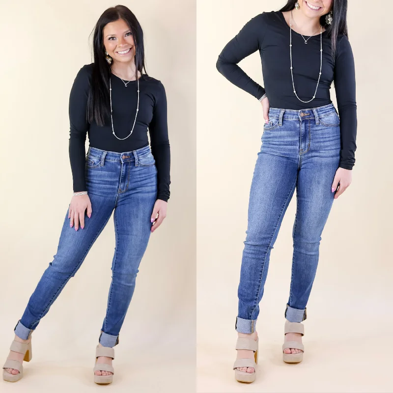 Sale Clearance Judy Blue | Signature Stride Cuffed Hem Skinny Jeans in Medium Wash