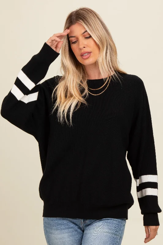 Women's Chic Outerwear Outfit Black Striped Sleeve Relaxed Fit Sweater