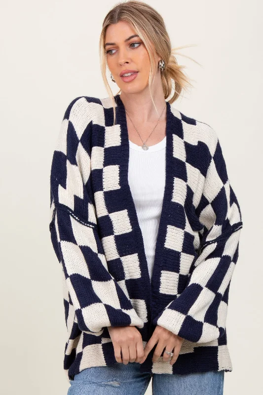 Women's Sporty Chic Clothes Navy Checkered Oversized Cardigan