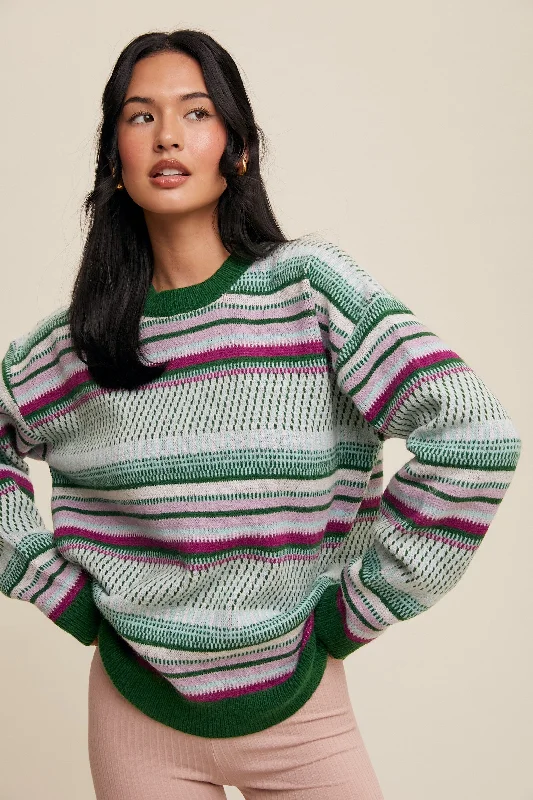 Stylish Dresses for Women Green Multi Stripe Crew Neck Sweater