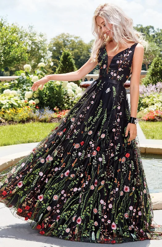 Sale Clothes Online Clarisse - 3565 Floral Ornate Plunging V-Neck Tulle Dress