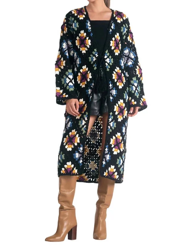 Clothes For Women Valentina Granny Square Sweater Cardigan In Multi Black