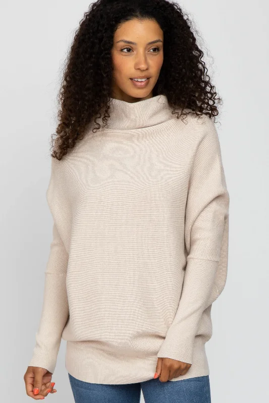 Clothes Of Woman Beige Funnel Neck Dolman Sleeve Sweater