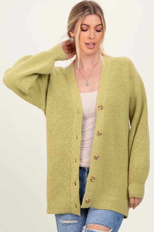 Stylish Women's Clothing Light Olive Knit Oversized Button Down V-Neck Cardigan