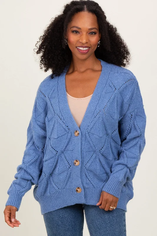 Online Boutique Stores Blue Diamond Knit Button Up Sweater Cardigan